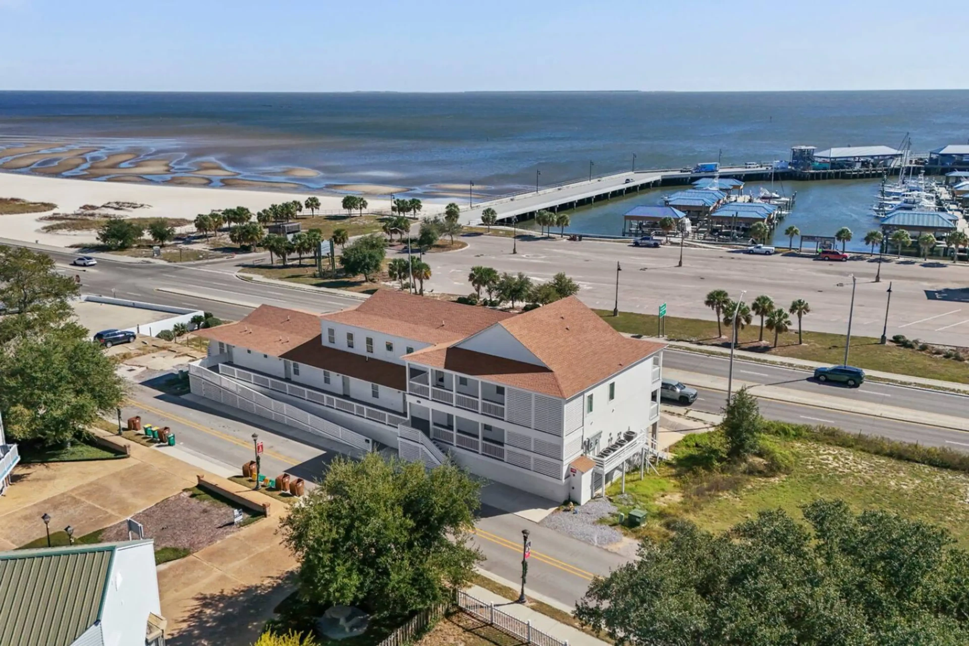 Aerial view of the beachfront vacation rentals on the Mississippi Gulf Coast